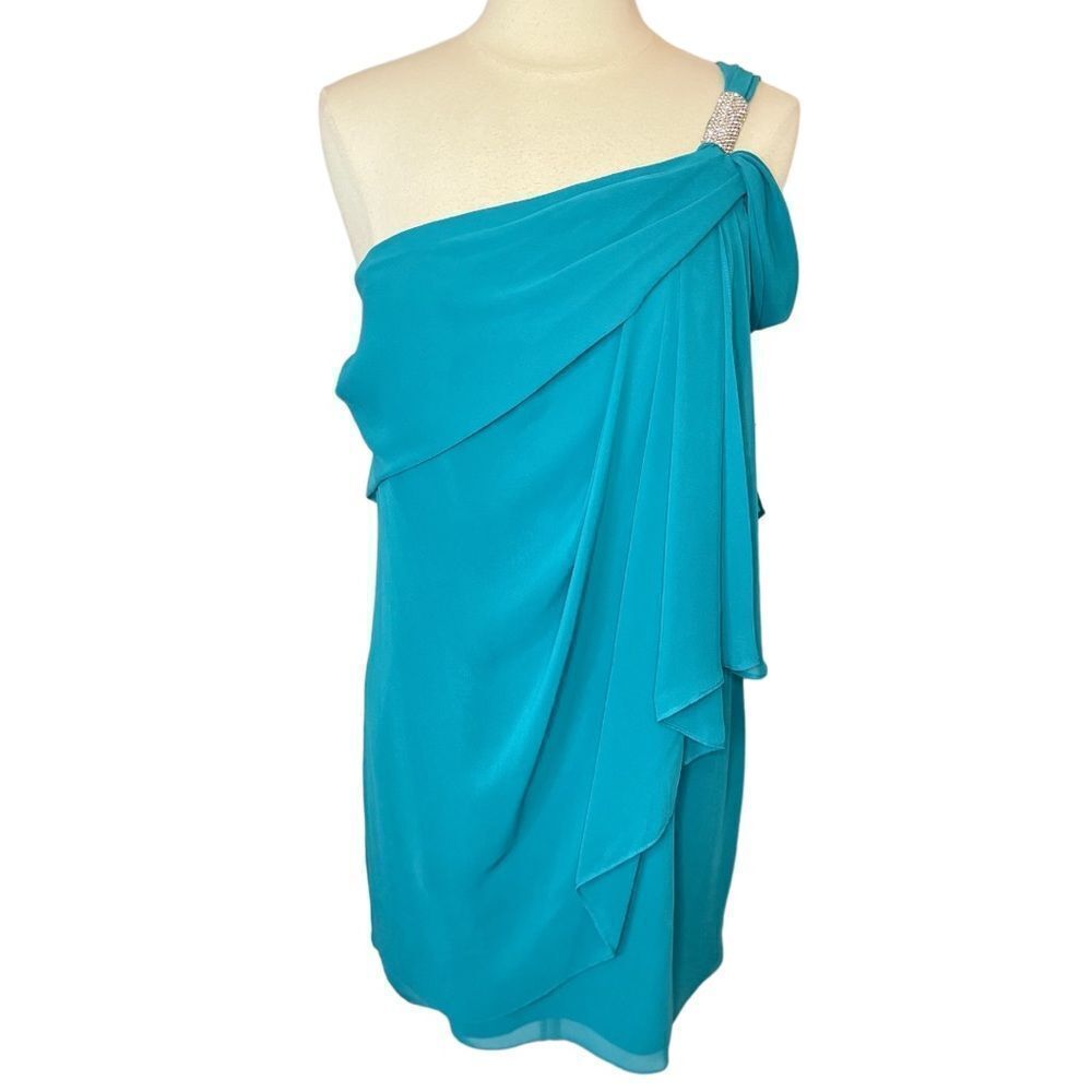 NWT DJ-JAZ Grecian Style One-Shoulder Drape Teal Cocktail Dress